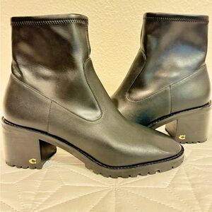 Coach Black Leather Ankle chunky heel Boots with gold accents on heels